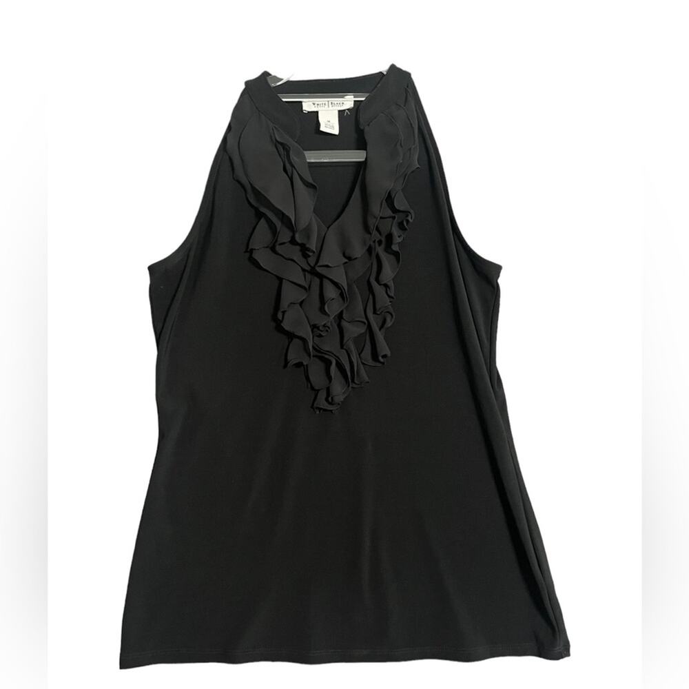 White House Black Market Womens Medium Black Sleeveless Ruffled V Neck Blouse